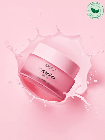 Nacific Pink AHA BHA Cream in pink jar, designed for exfoliation, hydration, and skin brightening. Features watermelon extract and AHA/BHA to remove dead skin cells and provide a smooth, glowing complexion
